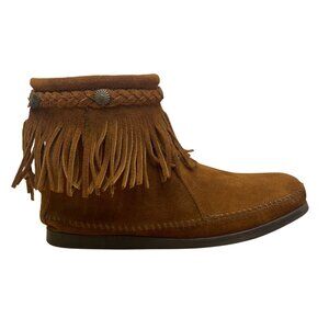 Minnetonka Women’s Dusty Brown Suede Zip Closure Fringe Ankle Boots Size 9
